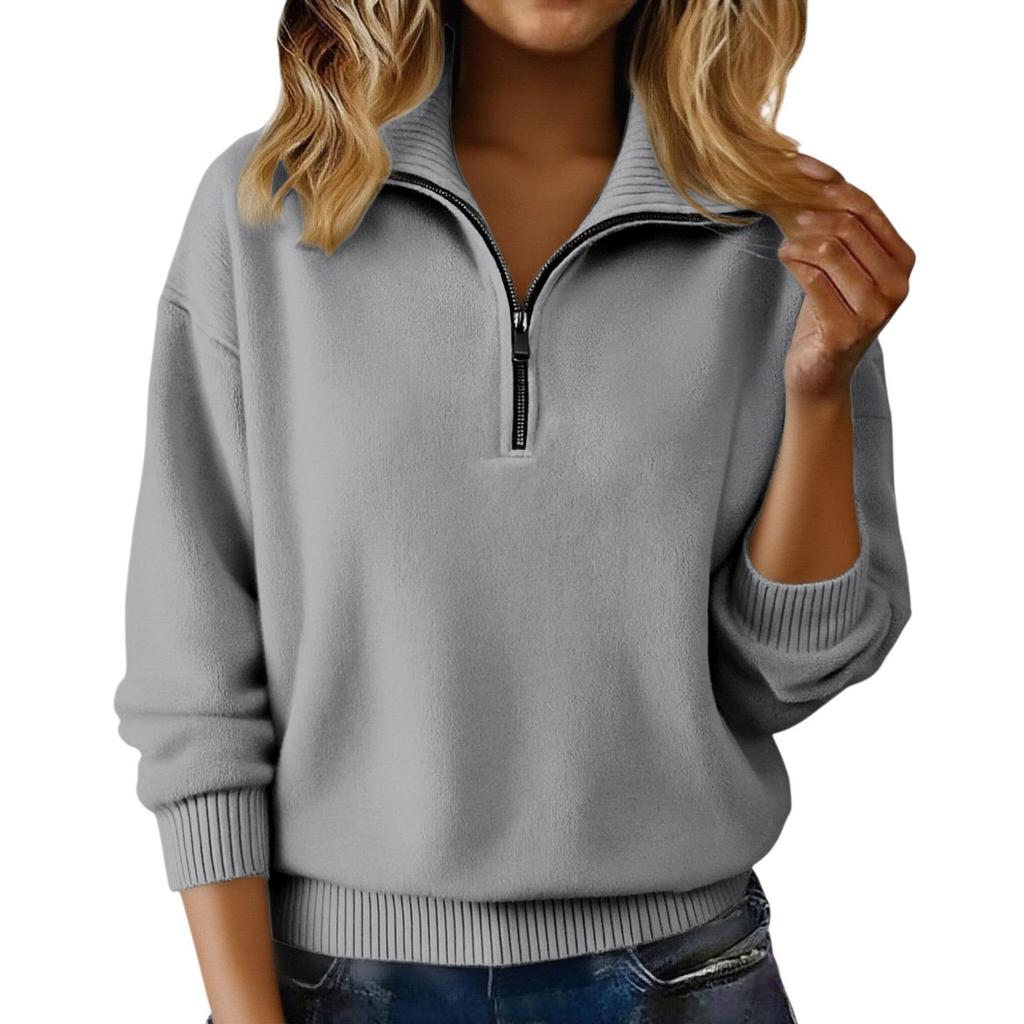 Autumn Winter Multi-Wear Half-Zip Knit Sweater with Zipper Collar for Women