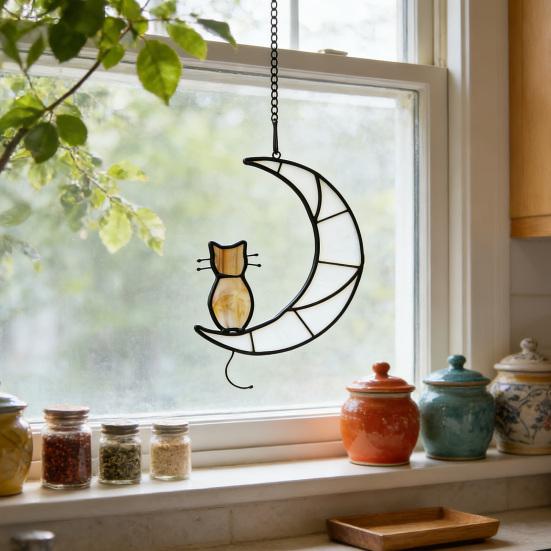 Cat On Moon Hanging Ornament Stained Glass Window Hanging Suncatcher Acrylic Panel Wall Art Memorial Gift for Women Wife Mom Cat Lovers