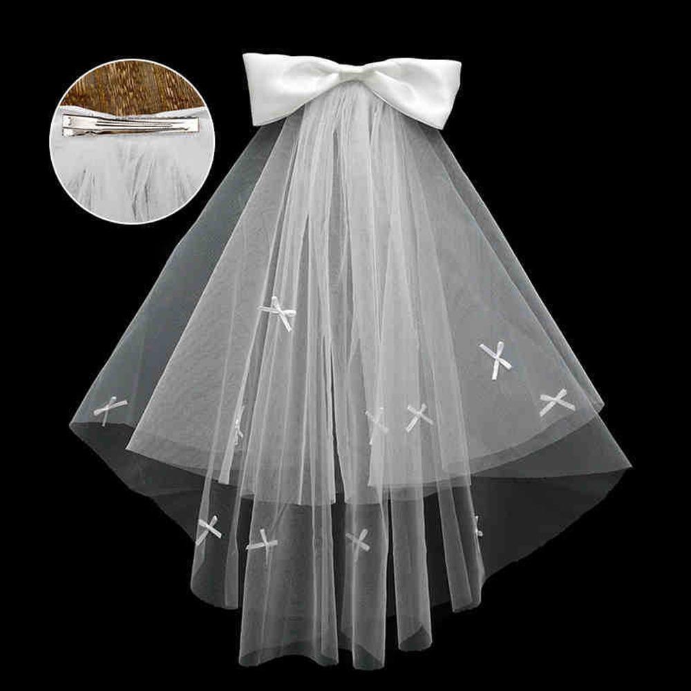 

Fashion Double Layer Bridal Veil White Lace Edge Wedding Veil Bow Puffy Photo Veil for Wedding Party