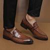 British Men's Crocodile Pattern Shiny Leather Loafers – Pointed Toe Slip-On Shoes for Nightclub Hairstylists, Cross-Border Plus Size Available.