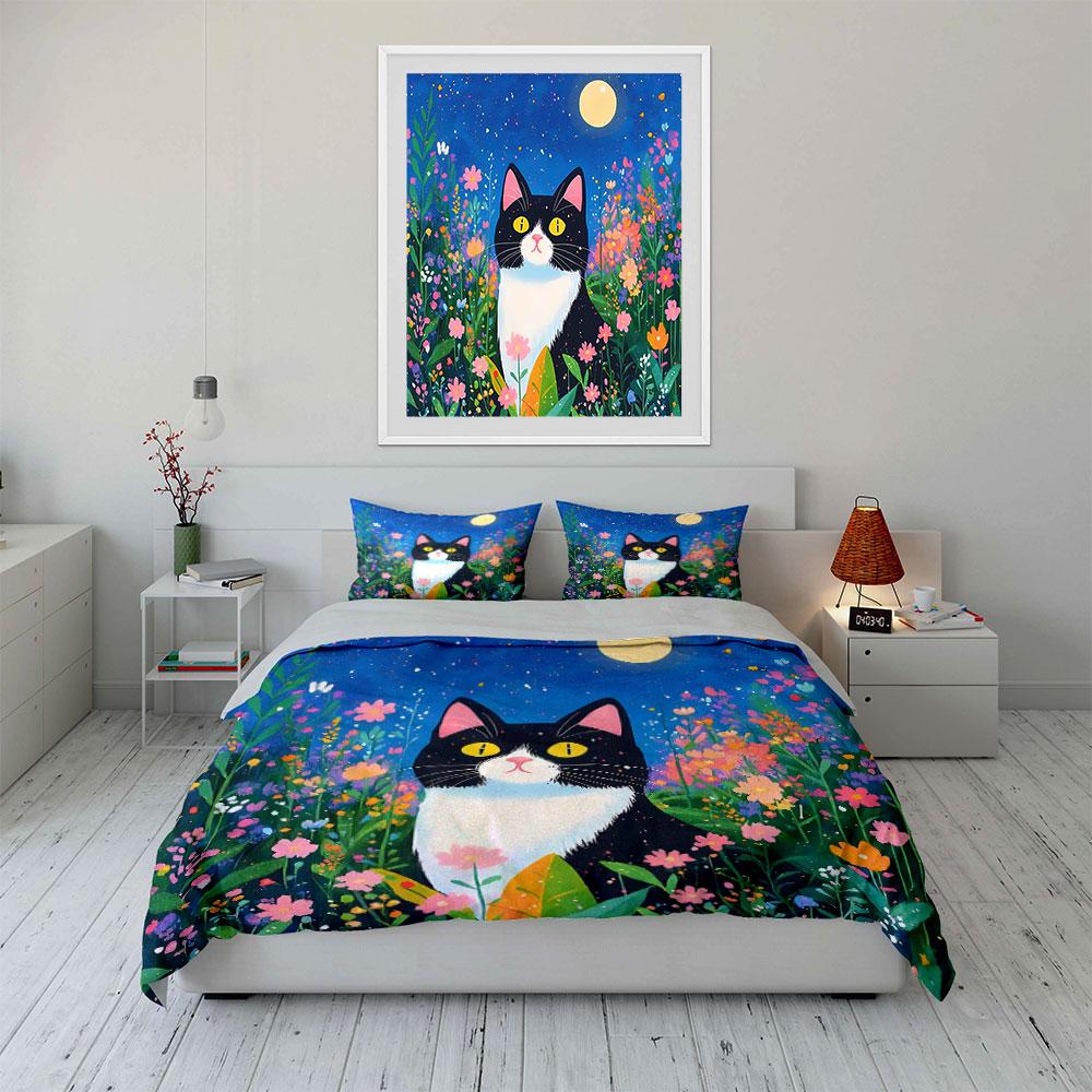 Black Cat and Red Fish Design Bedding Duvet Cover Set Duvet Cover Pillowcases  (1*Duvet Cover 2*Pillowcases, without duvet insert)
