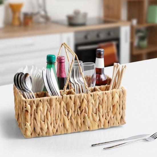 Yousheng Woven Storage Basket with Handle 4 Compartments Handcrafted Natural Utensil Organizer for Kitchen Countertop Picnic BBQ Portable Cutlery