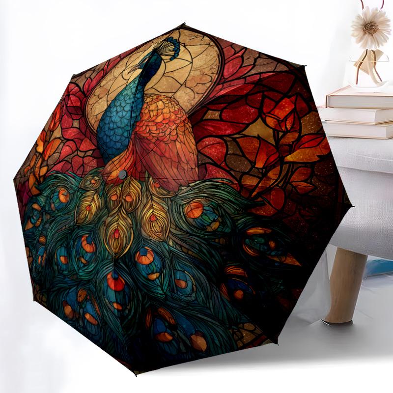 0106 Glass Window Peacock  pattern, automatic folding umbrella, portable and foldable design, 8 ribs, a Christmas or birthday gift.