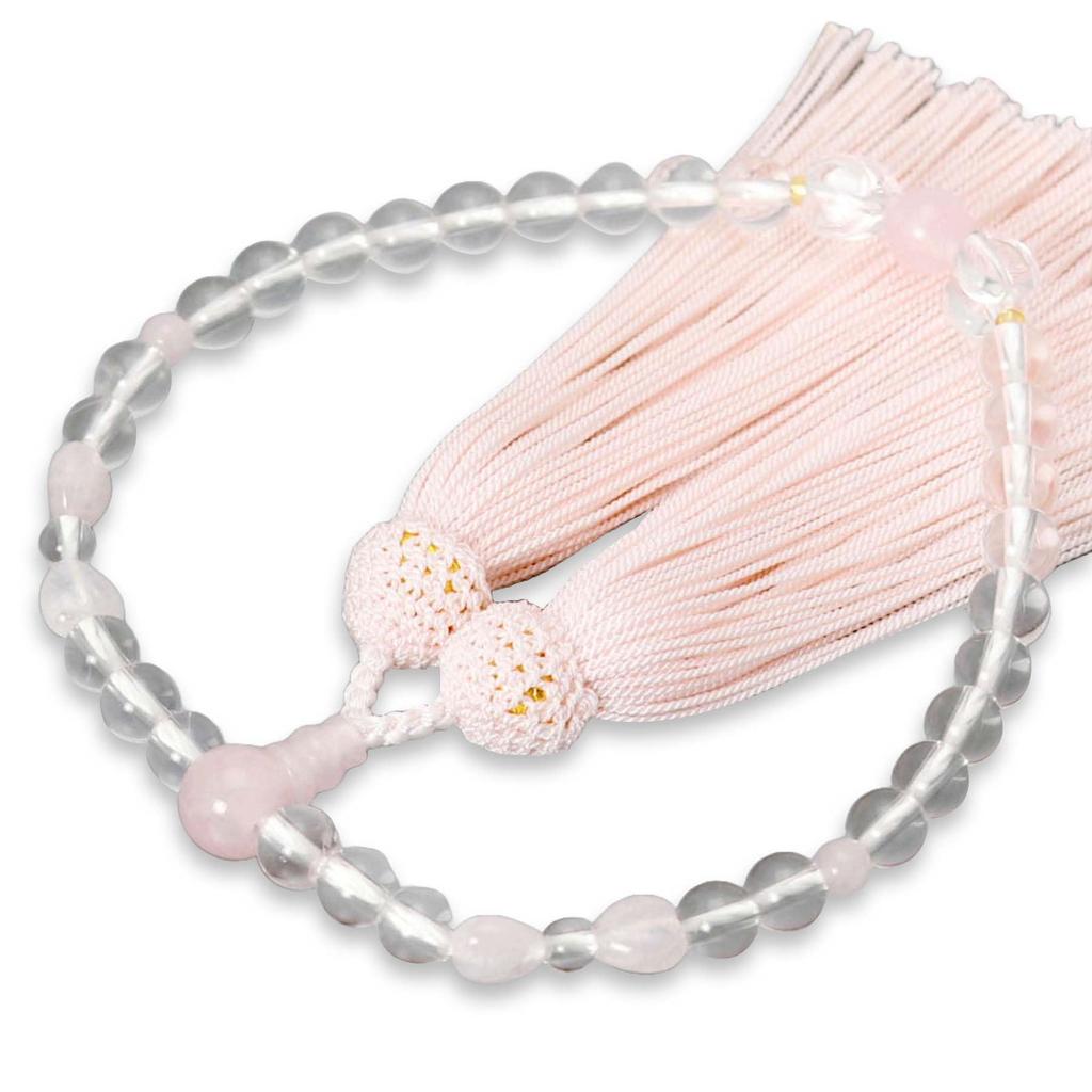 Women's Kyoto-style Buddhist prayer beads, featuring crystal and rose quartz beads with a silk tassel. Suitable for all sects, these Buddhist prayer