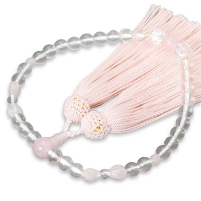 Women's Kyoto-style Buddhist Prayer Beads, Featuring Crystal and Rose Quartz Beads with a Silk Tassel. Suitable for All Sects, These Buddhist Prayer