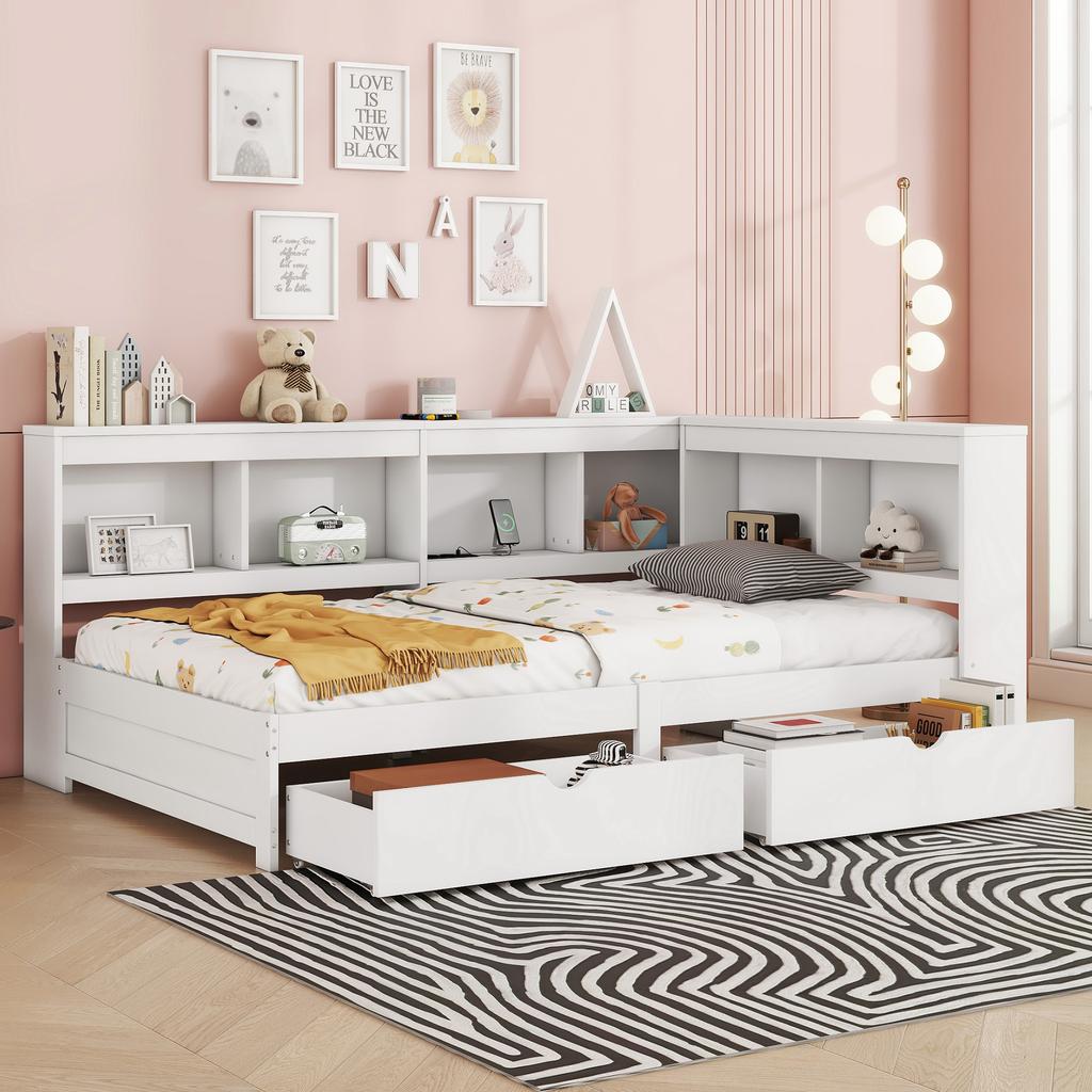 Daybed, 90 x 200 cm, Sofa Bed, Day Bed with Two Drawers, with Socket and 2 USB Ports, Bed with Slatted Frame (without Mattress), Chipboard, White