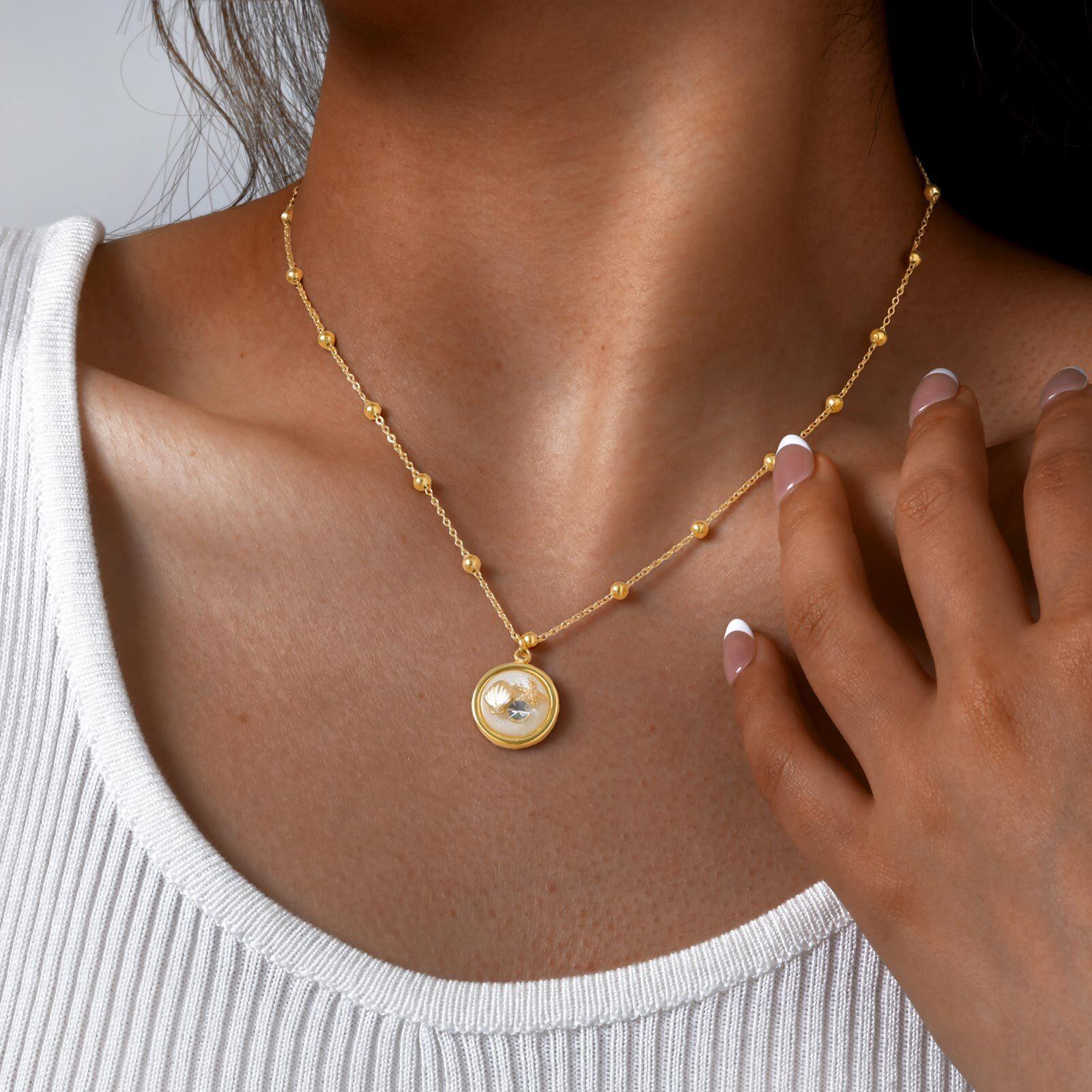 Double Layered Beads Chain Starfish Pendants Ocean Conch Pendant Necklace, Stainless Steel Summer Waterproof Jewelry