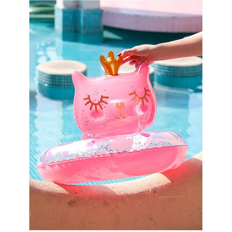 Cartoon Cat Shape Thickened Kids Inflatable Swim Ring For Toddlers With Sponge Bottom Pvc Material Ages 2-4