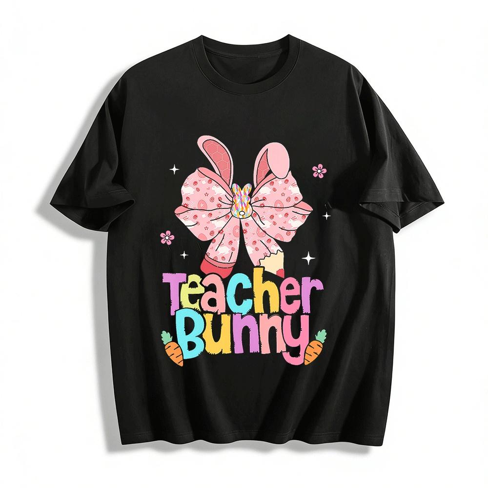 Easter Teacher Bunny Bow Print Casual Top For Women Pure cotton T-shirt XXS