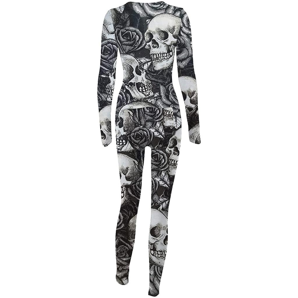 Women's Button-Down Halloween Print Functional Buttoned Flap Adults Jumpsuit