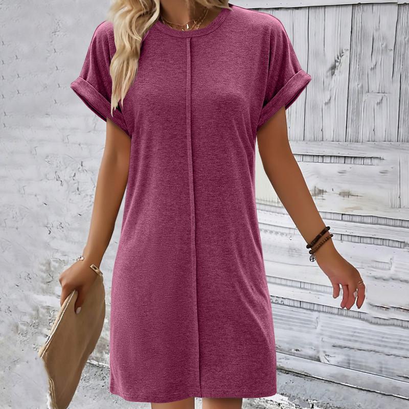 Spring and Summer Women's Fashion Round Neck Solid Colour Short Sleeve Loose Dresses