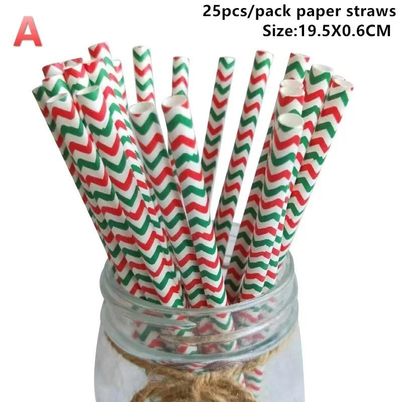 25pcs Disposable Christmas Paper Straws Snowflake Xmas Tree Drinking Straw Merry Christmas Decorations New Year Party Decoration