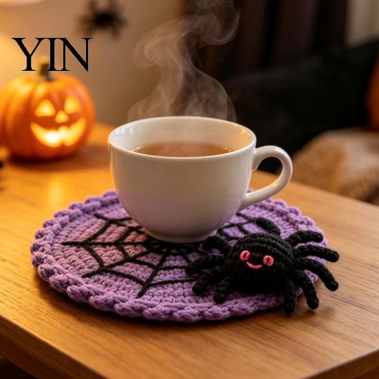 Heat Resistant Yarn Coaster Halloween Spider Web Coaster, Handmade Crochet Drink Mat for Crocheted Cup Pad Table, Spooky Gothic Table Mats Coffee And