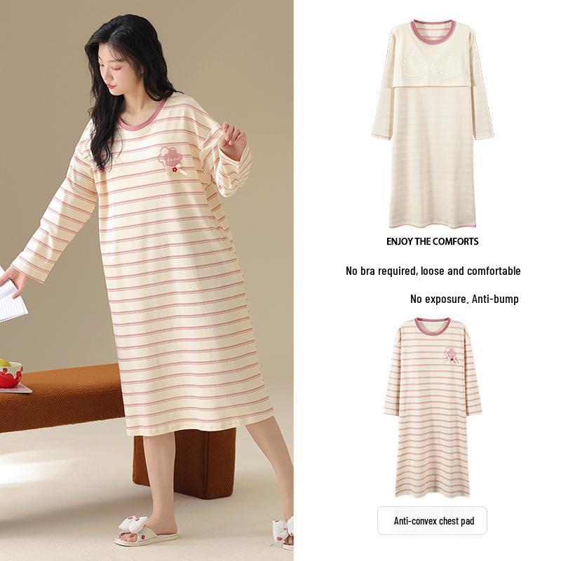 

Пижамное платье в корейском стиле свободного кроя с мультяшным принтом и нагрудными вкладышами, с длинным рукавом, для весны и осени - женская ночная рубашка большого размера Women s 4XL