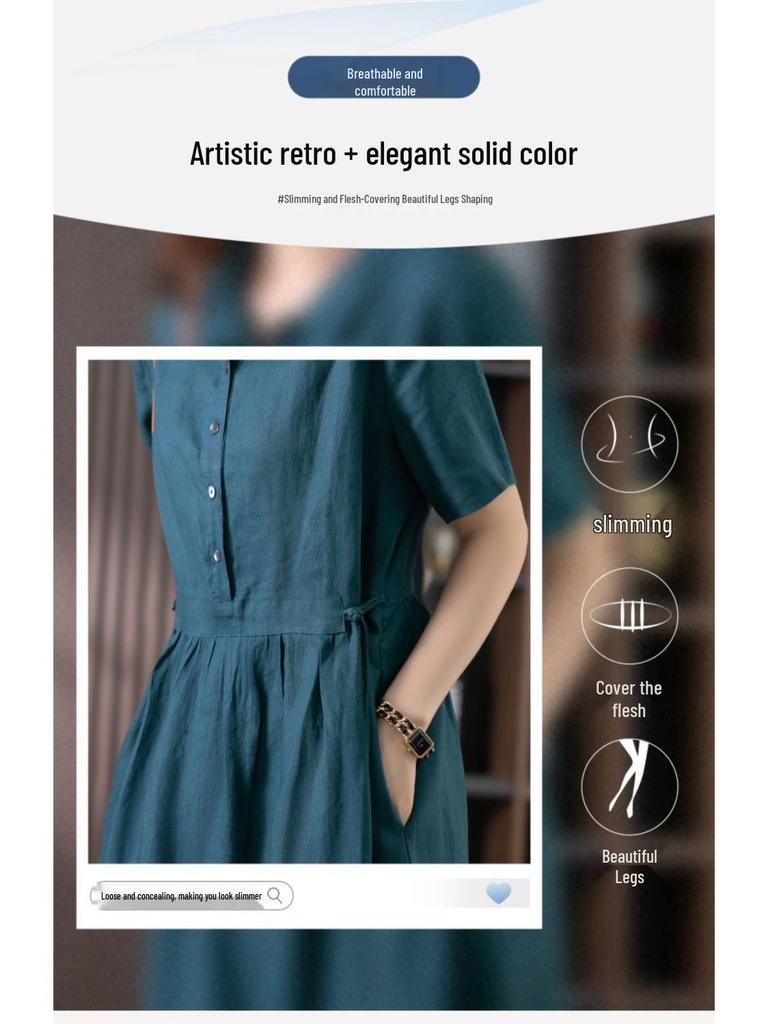 Solid Color Cotton Linen Lapel Shirt Dress - Women's Slimming Short Sleeve, Mother's Style, 2026 Fashion.