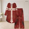 Women Plus Size Two Piece Pants Set Round Neck Long Sleeve Eagle Printed High Low Top Wide Leg Pants
