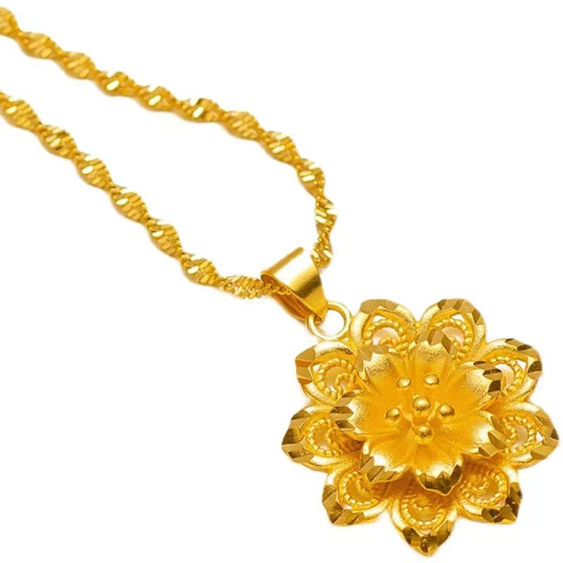 Gold Plated Brocade Flower Pendant Necklace - Double Ripple Clavicle Chain, Perfect Mother's Day Gift.