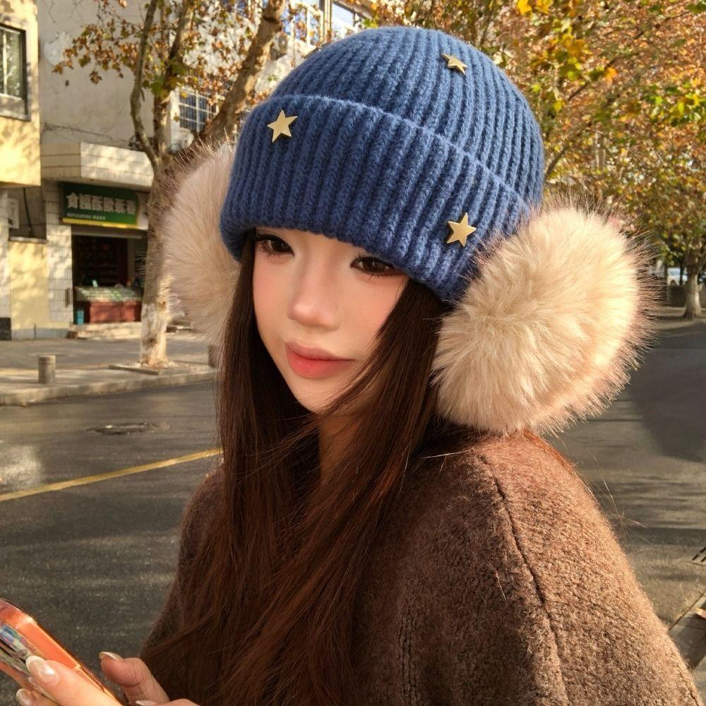 Ear Protection Star Knitted Beanie Hat Cuffed Design Thick Warm Beanie Outdoor Wear