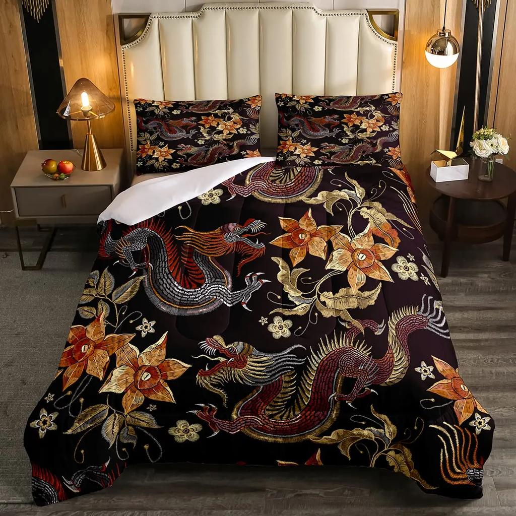 Red Base Black Dragon Print Duvet Cover Set Chinese Dragon Pattern Bedding Sets Full Size Microfiber 2/3 Pieces Comforter Sets