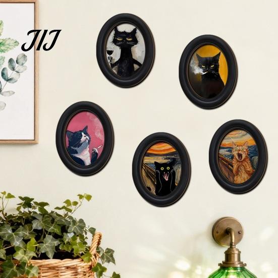 Decorative Wall Accents for Living Room Abstract Art Cat Decor, Oval 2D Wood Framed Funny Painting Unique Prints Print, Vintage Ornament Bedroom Home