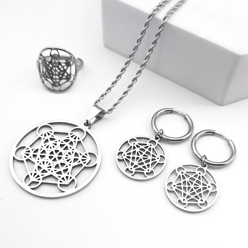 

Печать Ангела Архангел Метатрон Набор из нержавеющей стали с цирконами Амулет сакральной геометрии Ожерелье Браслет Кольцо Серьги Цветок Жизни