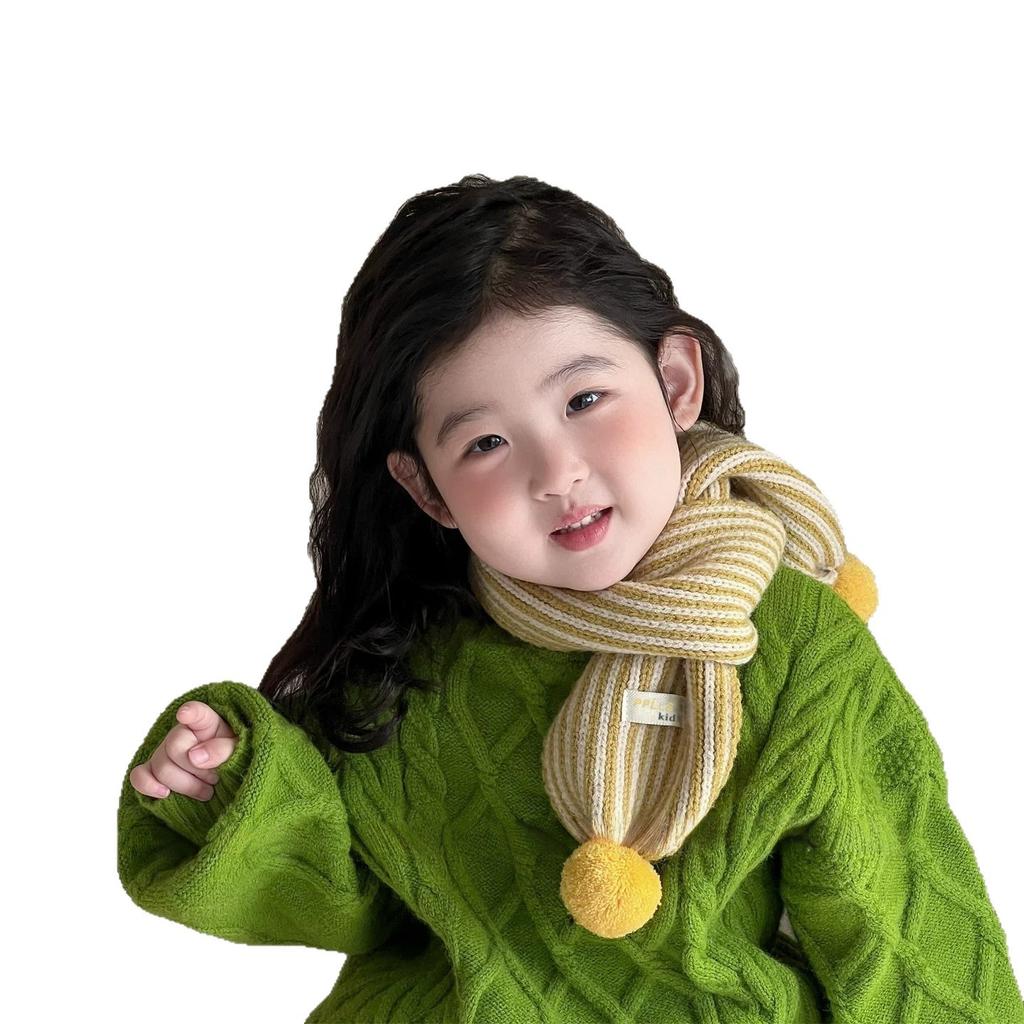 Children's Scarf Girls' Winter Warm and Cold-proof Versatile Baby Scarf Boys' Korean Fashion Striped Hairball Scarf
