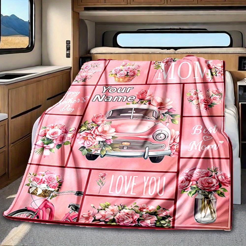 Pink Car With Flowers Blanket Personalized Name Soft Comfortable Stylish Blanket Car Blanket Perfect For Travel Camping Outdoor Home Suitable For All