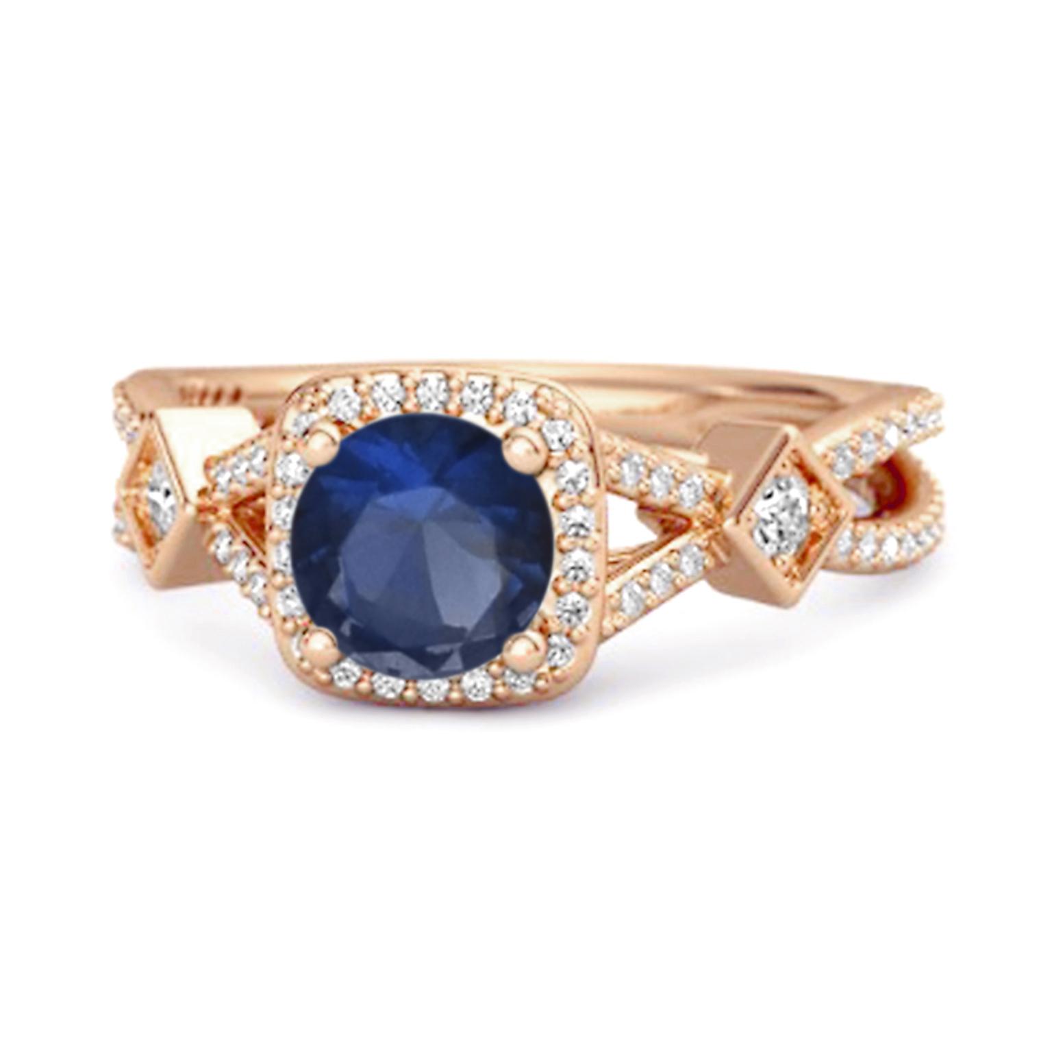Blue Sapphire Halo Ring - 925 Sterling Silver Rose Gold Vermeil 10.5