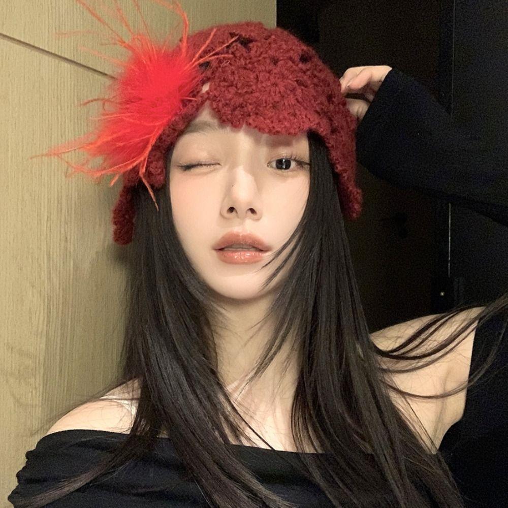 Bohemian Hollow Knitted Beanies Hat Weave Y2K Sweet Hat Vintage Casual Turban Hat  Autumn