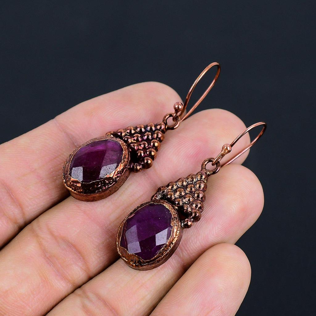 Faceted Ruby Earrings Gemstone Jewelry Copper Electroformed Earrings, Gift For Women Handmade  Earrings