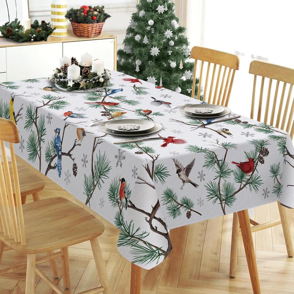 Christmas Cardinal Birds Pine Branches Waterproof Tablecloth Table Decor Winter Holiday Kitchen Dining Tablecloth Xmas Decor