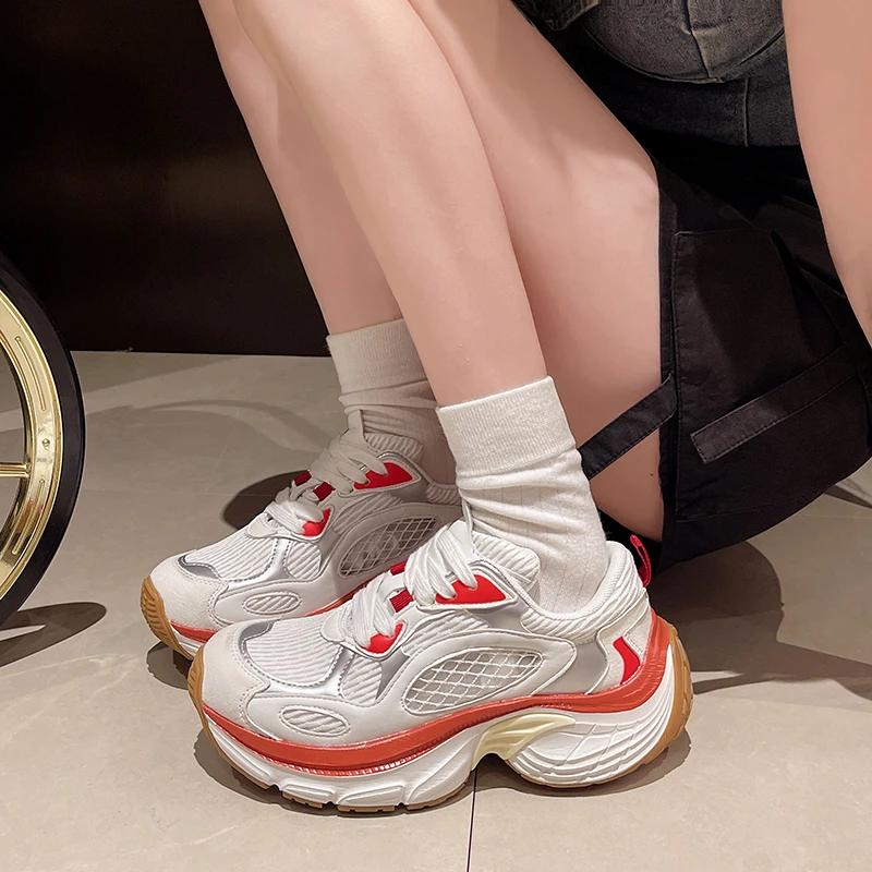 New Women's Vulcanize Shoes Outdoor Fashion Platform Flat Shoes for Women Patchwork Ladies Air Mesh Lace-up Anti-slip Sneakers