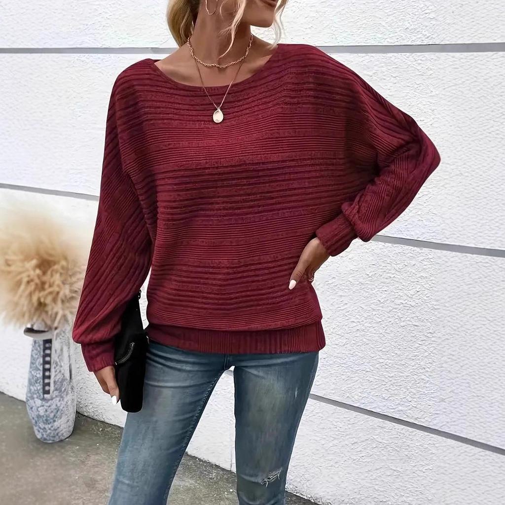 2025 Women's Casual Ribbed Batwing Sleeve Pullover Sweater
