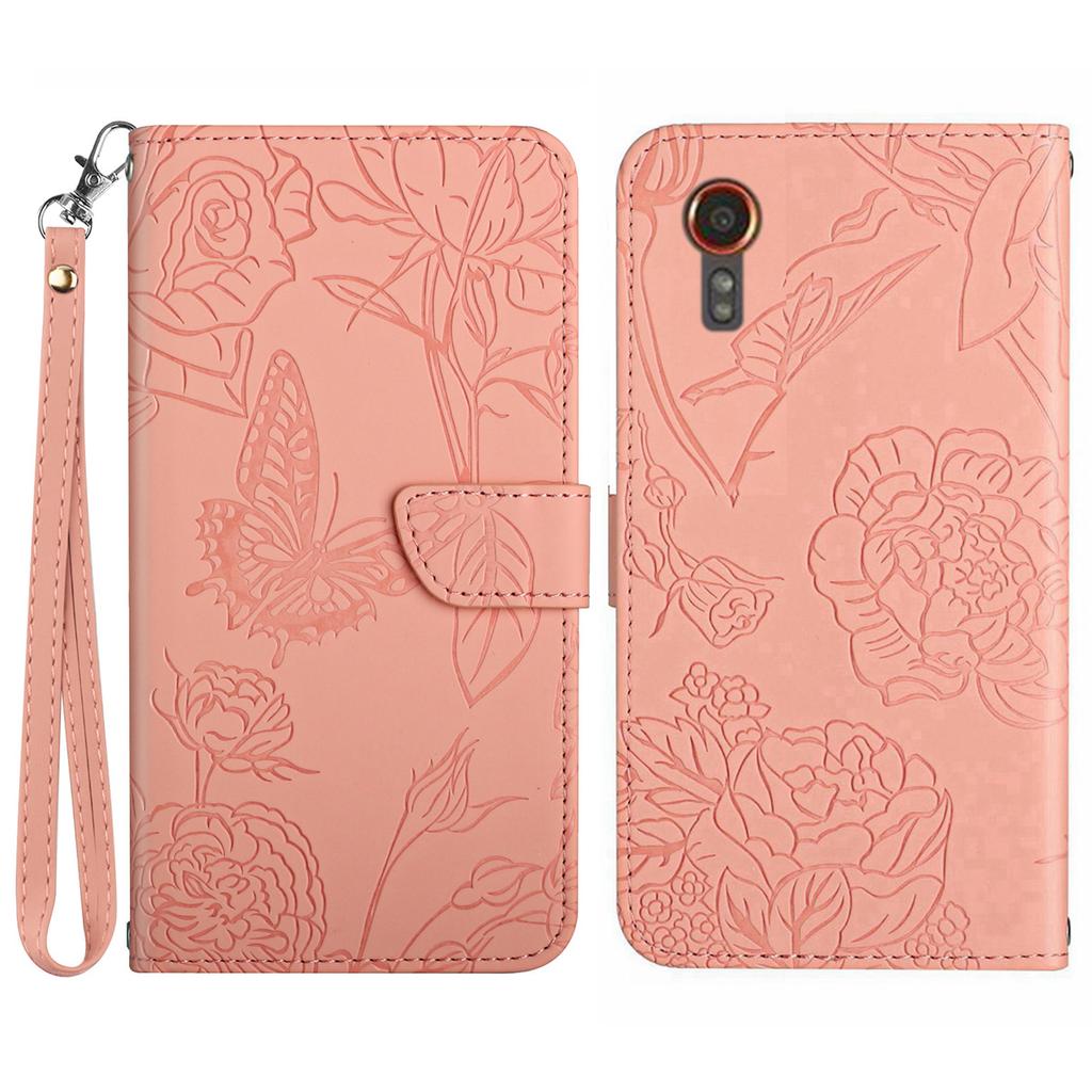 HT03 For Samsung Galaxy Xcover7 Leather Case with Hand Strap Butterfly Flower Pattern