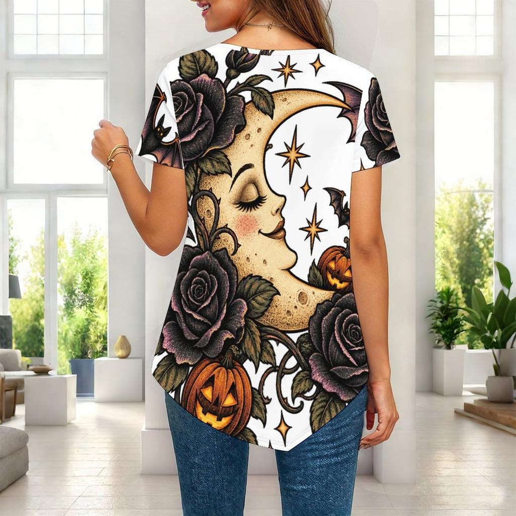Womens Plus Size Short Sleeve Top Stationery Book Pencil Print Irregular Pointed Hem Summer Casual Blouse