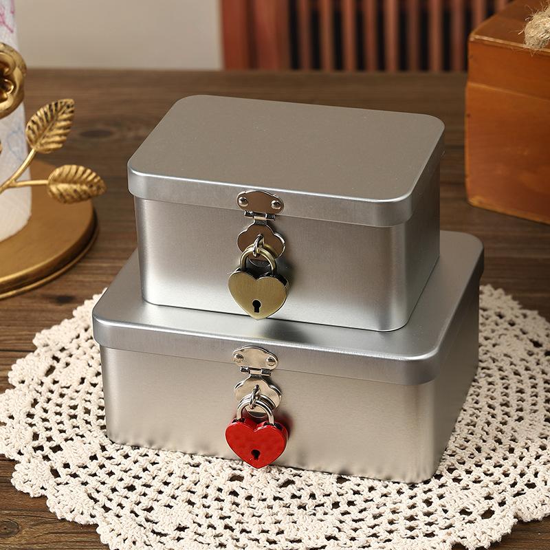 Silver Lockable Tin Storage Box Multifunctional Desktop Storage Box Metal Box Jewelry Storage Empty Box