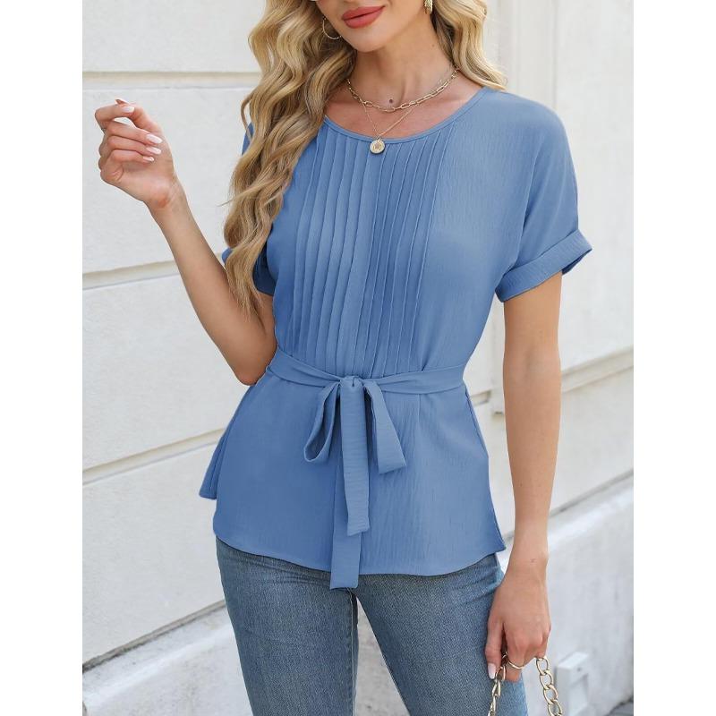 Spring Summer Casual Shirt with Ruffled Edges Pleated Round Neck Short Sleeved Top Fashion Women