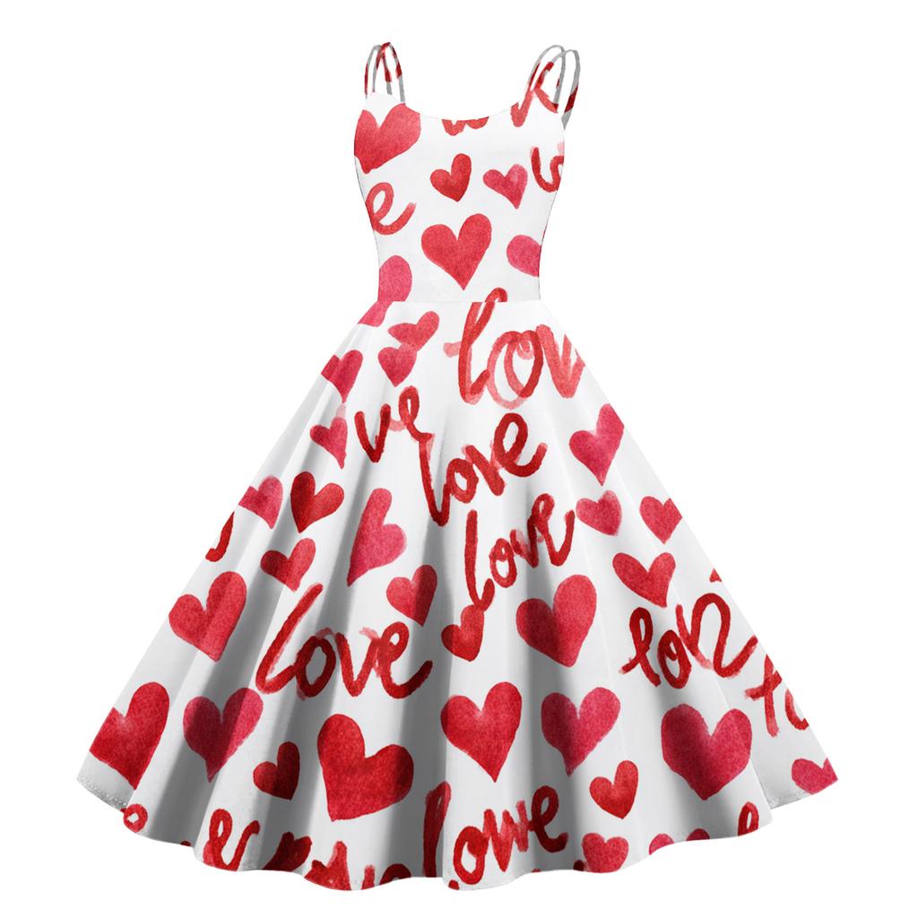 Women's Valentine's Day Love Heart Print Sexy Off Shoulder Vintage Dress