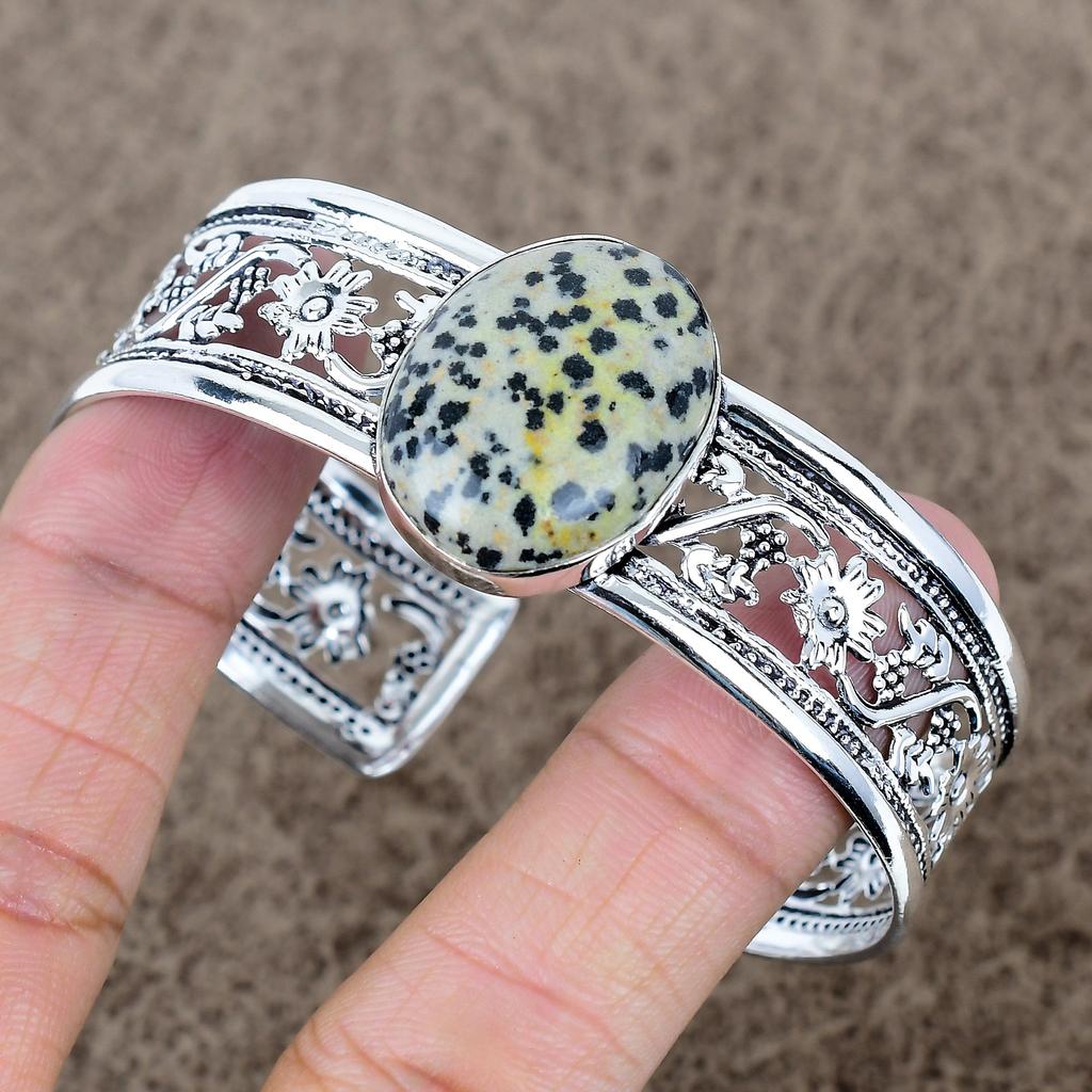 Dalmation Jasper Gemstone 925 Sterling Silver Cuff Bangle Adjustable KKG-775