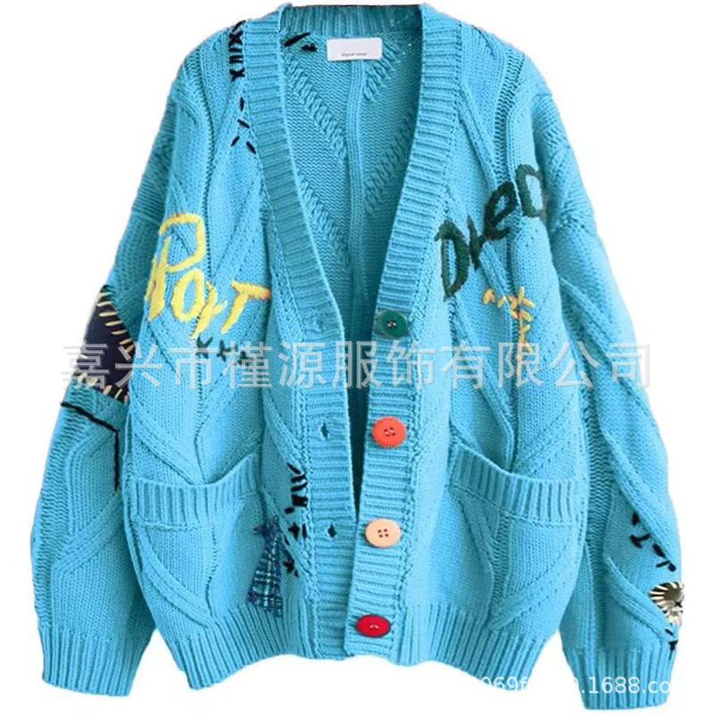 Fashion Lazy Wind Embroidered Sweater Women's Autumn and Winter New Letter Design Loose Knitted Sweater Jacket Tide