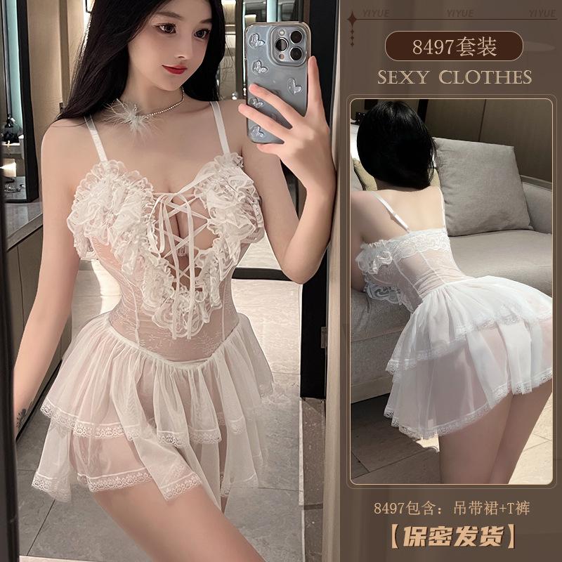 Erotic Underwear: Sexy halter, Lace, Seductive, Cut-out, lace-up, mesh sleeping dress, Hot see-through uniform 8497