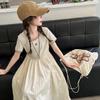 Mädchen Koreanisches Einfarbiges Knielanges Kurzarmkleid Sommerlich Lässig Prinzessinnenkleid