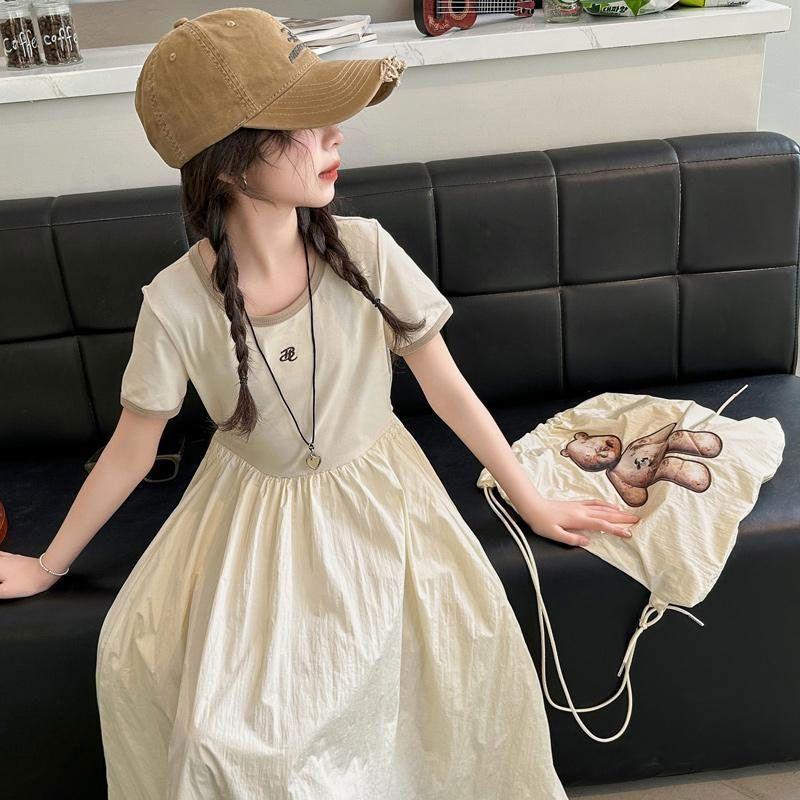 Mädchen Koreanisches Einfarbiges Knielanges Kurzarmkleid Sommerlich Lässig Prinzessinnenkleid