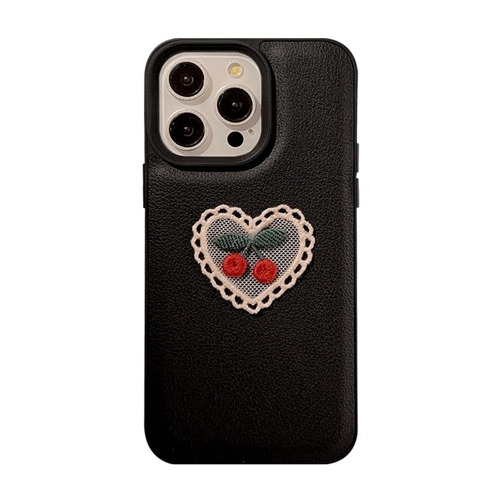 Embroidered Love Cherry Suitable for Apple 15 Mobile Phone Case IPhone 16 Promax Leather 11 Temperament 13 Anti Fall 12