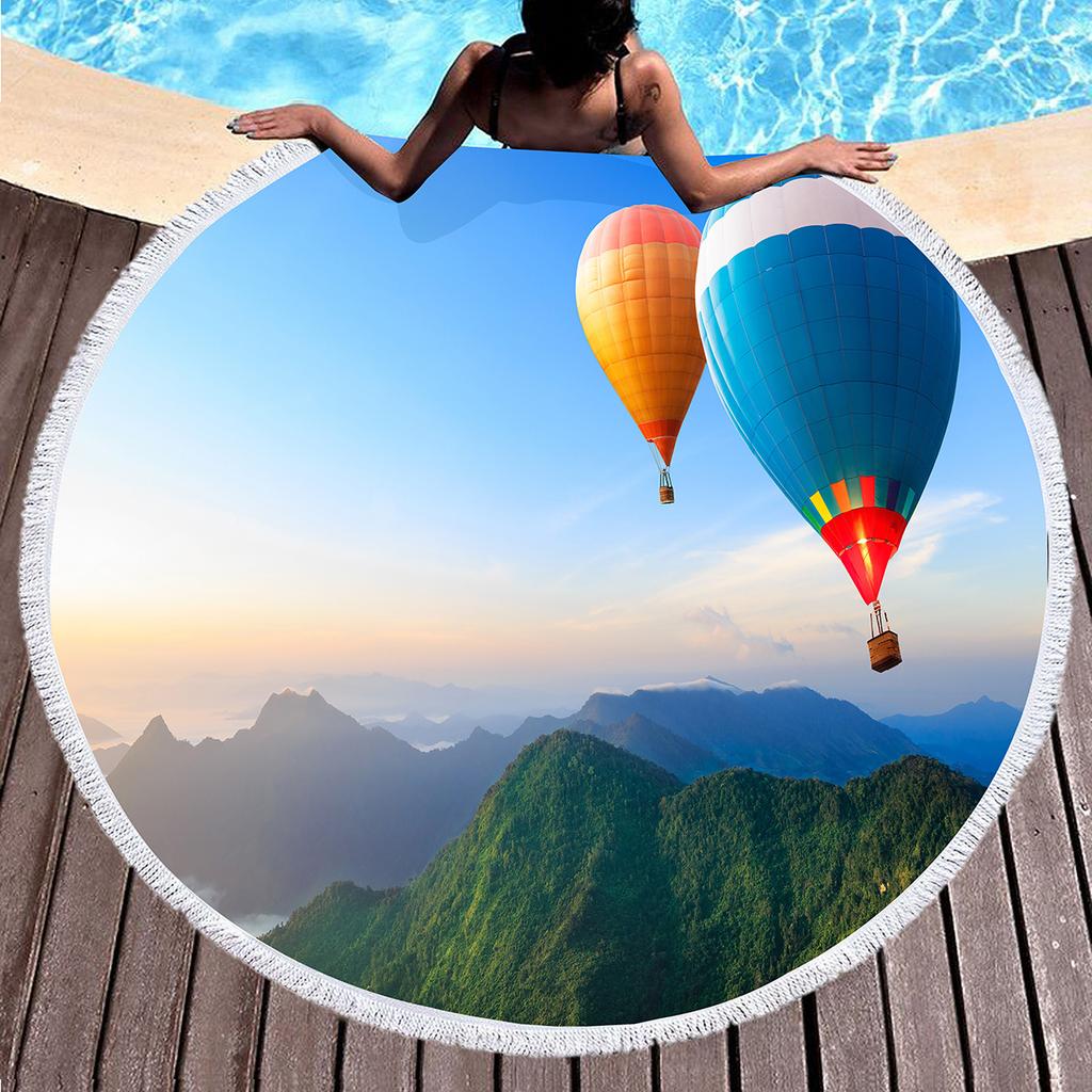 Romantic Round Beach Blanket,Hot Air Balloon Print Beach Towel,Anti-Sand Absorbent Quick-drying Pool Towel,Portable Picnic Mat
