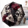 Mexican Day of The Dead Umbrella - Automatic Open And Close Sugar Skull Lady with Red Rose Pattern Compact Umbrella - Gothic Floral Design,