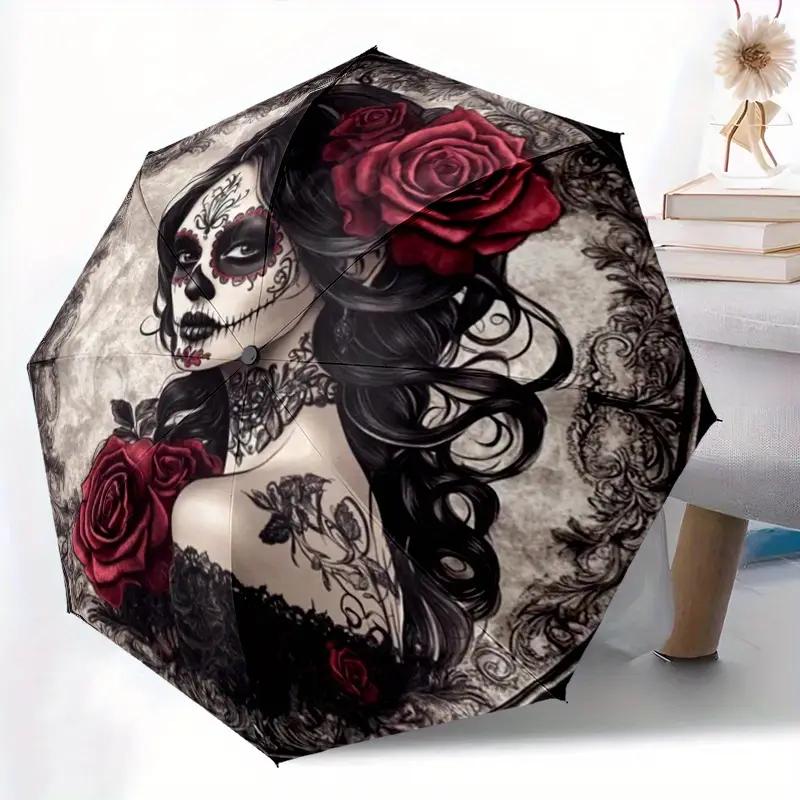 Mexican Day of The Dead Umbrella - Automatic Open And Close Sugar Skull Lady with Red Rose Pattern Compact Umbrella - Gothic Floral Design,