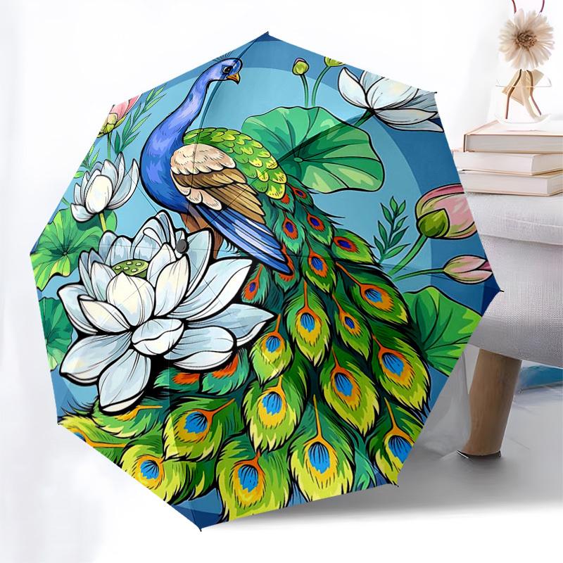 

1pc Peacock Lotus Flower Auto Open Close Umbrella, Portable Folding Design with Iron Frame, Outdoor, Gift for Fans, Travelers, Daily Use.J090