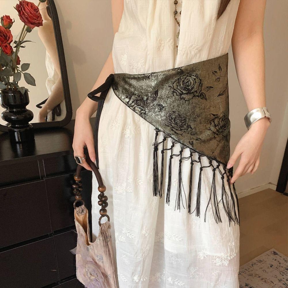 Chinese Style Triangular Waist Belt Printing Mini Apron Fashion Bohemia Wide Waistband Streetwear