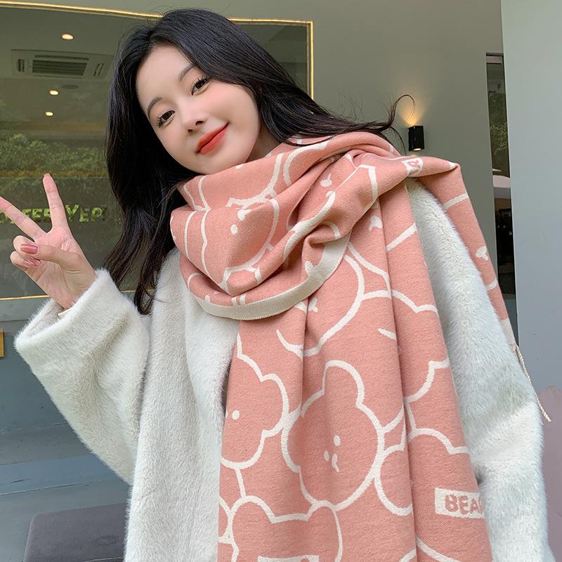 New Cartoon Bear Fashionable Imitation Cashmere Scarf Women's Double Sided Thickened Warm Scarf Korean Style Versatile Shawl